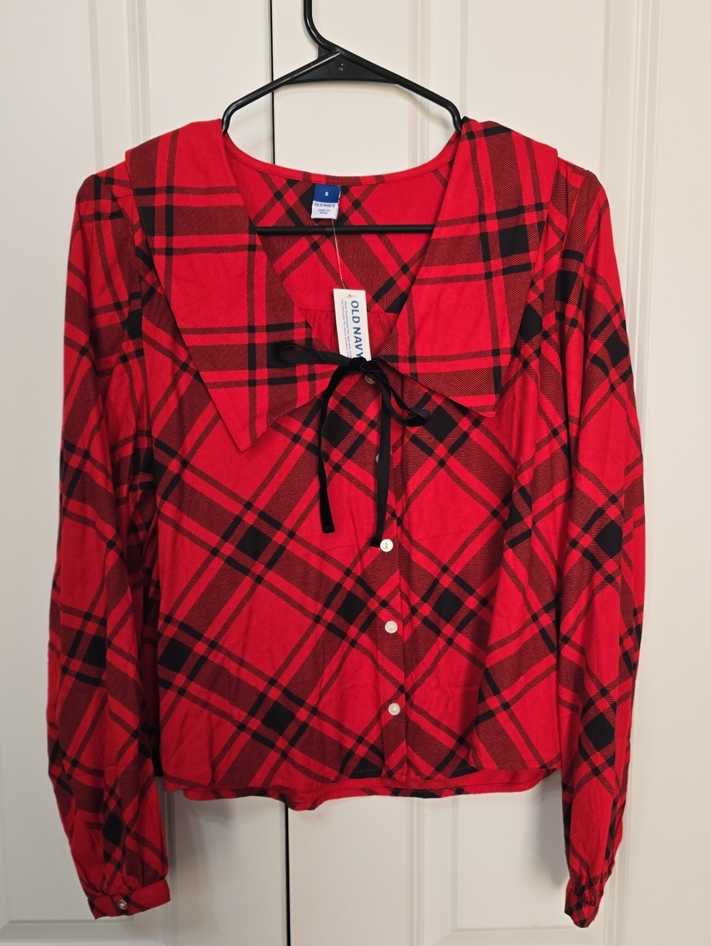 Old Navy Red Plaid Tie-Neck Button Front Top
